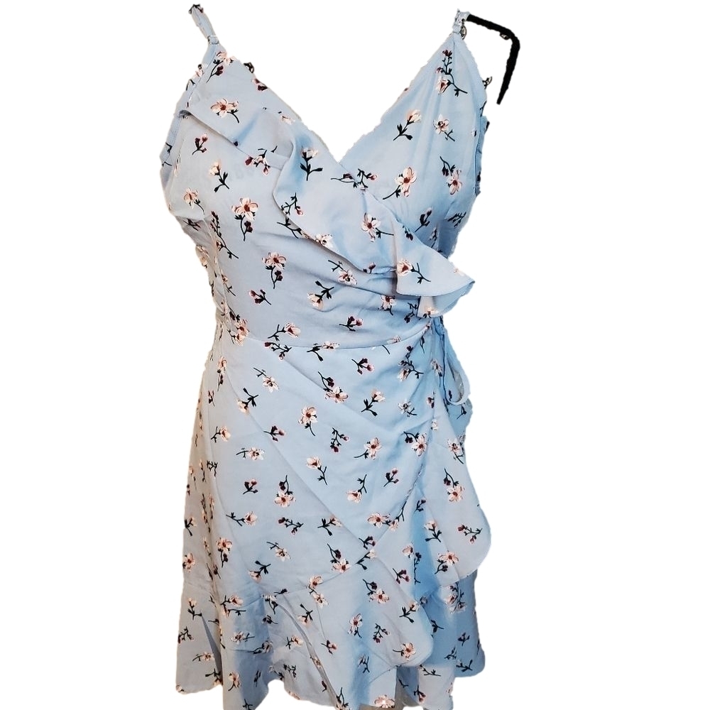 Romwe Blue Floral Wrap Dress Large NWT